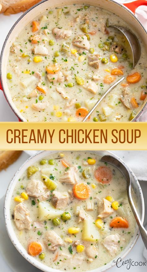 creamy chicken soup with a mix of vegetables and chunks of chicken Soup With Biscuits, Potatoes And Chicken, Rotisserie Chicken Soup, Easy Diner, Chicken Potato Soup, Chicken Soup Crockpot, Chicken Soup Recipes Homemade, Chicken Vegetable Soup Recipes, Creamy Soup Recipes