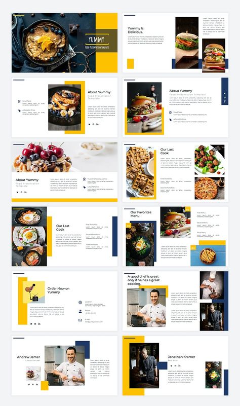 Food PowerPoint Presentation Template - 45 unique slides. Food Slide Presentation, Food Powerpoint Presentation, Food Layout Design, Food Presentation Design, Powerpoint Design Inspiration, Food Powerpoint Template, Grpahic Design, Mẫu Power Point, Presentation Food