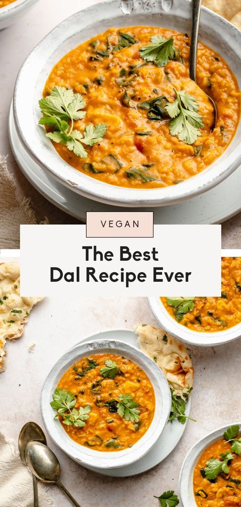 Cozy and nourishing dal made with yellow moong dal, warming spices, creamy coconut milk and a boost of veggies from fresh spinach. This beautiful dal recipe is packed with plant-based protein and fiber for the perfect, satisfying meal! #dal #indianfood #vegandinner #veganrecipe #vegetarianrecipe #plantbased #veganlunch Moong Dahl Recipe, Chana Dal Recipes, Urad Dal Recipes, Dahl Recipe, Lentil Dal, Ambitious Kitchen, Dal Recipe, Moong Dal, Fresh Spinach