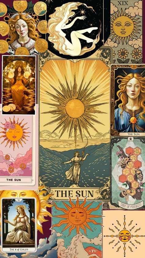 🌞✨️ Oracle Art, Tarot Guidebook, Ace Of Pentacles, The Sun Tarot Card, Tarot Aesthetic, The Sun Tarot, Vintage Tarot, Spiritual Wallpaper, Tarot Guide