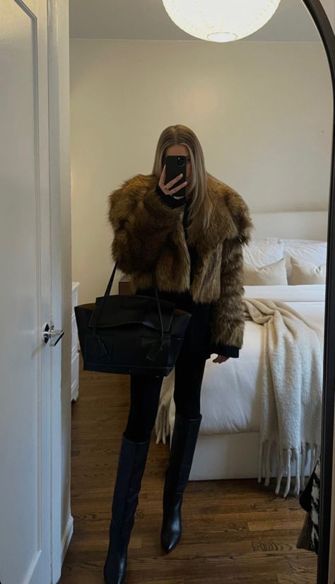 Fur coat outfit Black Coat Night Outfit, Tan Fur Jacket Outfit, Kendall Jenner Fur Coat, Brown Fur Coat Aesthetic, Dark Brown Fur Coat Outfit, Fur Bolero Outfit, Brown Fur Outfit, Short Brown Fur Coat Outfit, Short Black Fur Coat Outfit