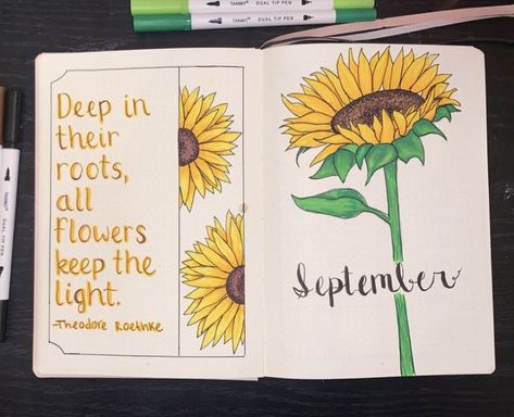 Sunflower Bullet Journal Theme, Sunflower Bujo, Sunflower Bullet Journal, Sunflower Scrapbook, July Bujo, September Quotes, Doodle Planner, تزيين دفاتر, May Bullet Journal