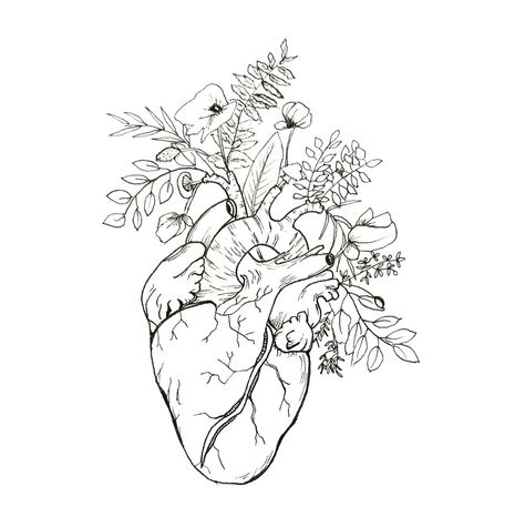 Ink line drawing of a heart with flowers and plants. Inktober 2019: Overgrown Drawing Of A Heart With Flowers, Heart With Flowers Growing Out Of It, Overgrown Plants Drawing, Human Heart Line Art, Heart And Flowers Drawings, Flowers Blooming Drawing, Heart Drawing With Flowers, Heart Flowers Drawing, Heart With Flowers Drawing