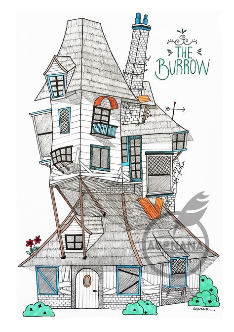 The Burrow - The Weasley's house. Appeared a lot in the movies (Harry Potter). Im drawing this because I am a Potterhead :) Weasley Burrow Drawing, Burrow Drawing, The Burrow Drawing, Weasley Wizard Wheezes, The Burrow, Harry Potter Style, Ron Weasley, House Drawing, Animated Drawings