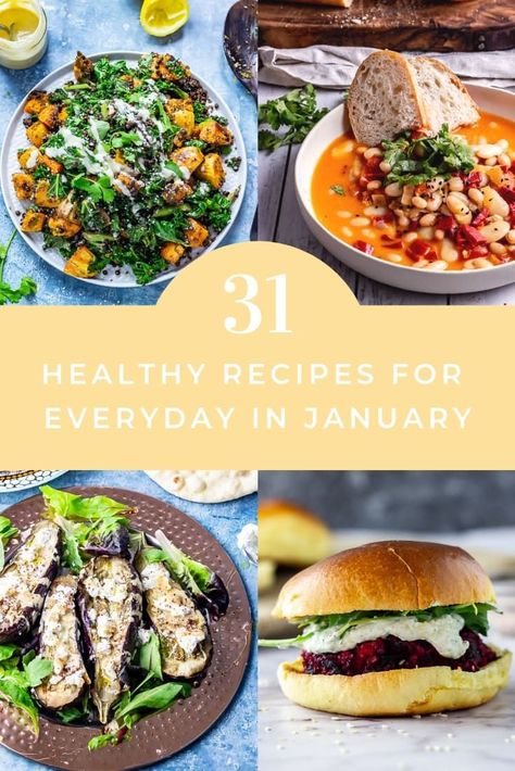 31 delicious and healthy dinner recipes to make everyday in January from comforting soups and stews to fresh and filling salads. These recipes will make you feel amazing! #thecookreport #healthyrecipes #januaryrecipes #dinnerrecipes January Seasonal Food, January Meal Ideas, Recipes For January, Healthy January Recipes, January Healthy Meal Plan, Clean Eating January, August Meals, January Meals, Filling Salads