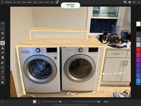 Laundry Room Waterfall Countertop, Washing Machine Counter, Waterfall Countertop Laundry Room, Waterfall Laundry Countertop, Washer Dryer Built In, Removable Counter Over Washer And Dryer, Laundry Room Butcher Block Countertop, Washer And Dryer Table, Butcher Block Over Washer And Dryer