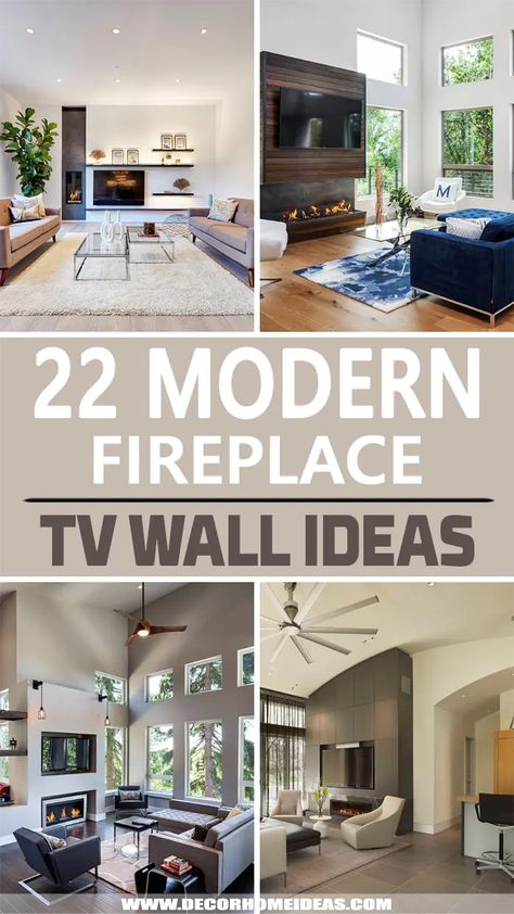 Best Modern Fireplace TV Wall Ideas. Get some creative ideas and designs on modern fireplace TV walls. Create an accent with a modern fireplace and add a TV above or beside it. #decorhomeideas Tv Unit Design Modern With Fireplace, Modern Fireplaces With Tv Above, Tv Not Above Fireplace Living Rooms, Fireplace Modern Design Tv Walls, Wall Mounted Fireplace Ideas, Mounted Fireplace And Tv, Wall Fireplace Ideas With Tv, Tv Unit With Fireplace Modern, Wall Mounted Electric Fireplace Ideas With Tv