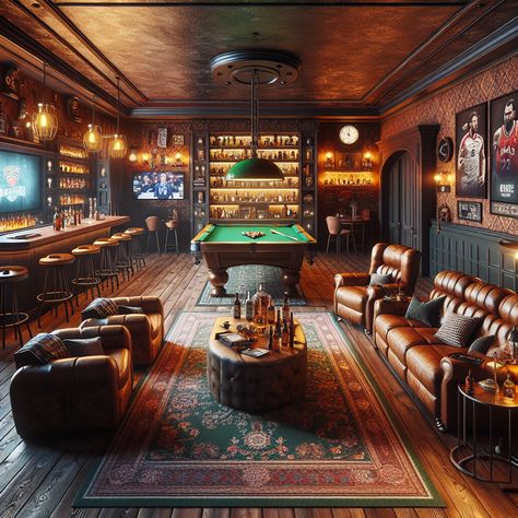 Experience cozy luxury in this spacious man cave. Highlights include a well-stocked bar, a gaming corner, a quiet reading nook, a pool table, and a viewing area with plush leather recliners around a large flatscreen TV. The room is painted in warm, dark tones for a relaxed vibe. #LuxuryManCave #GameRoom #HomeBar #PoolTable #HomeTheater #BookNook Man Cave Ideas With Pool Table, Home Bar With Pool Table, Man Cave With Bar, Luxury Mancave, Man Cave Tv Room, Luxury Man Cave, Pool Table Room Ideas, Basement Man Cave, Classy Man Cave