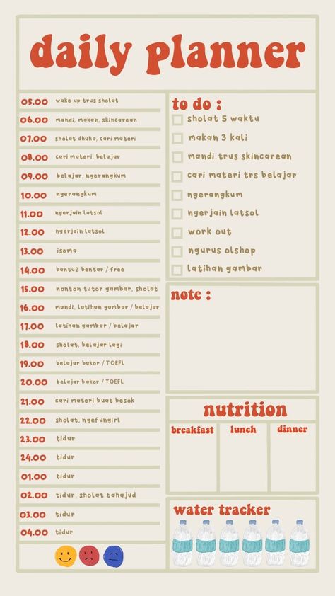 daily plan indo Daily Plans Ideas, Planning Daily Routine, How To Plan Study, Study Planning Ideas, Jadwal Harian Produktif, Contoh Jurnal Harian, Jadwal Rutinitas Harian, Daily Study Planner Template, Daily Planning Ideas