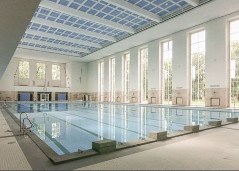 School Pool Aesthetic, Aesthetic School Building, School Swimming Pool, School Pool, Boarding School Aesthetic, School Building Design, Campus Design, Indoor Swimming Pool, Future School