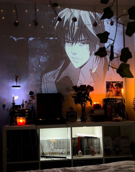 #roomdecor #roominspo #roomtour #anime #animeroom #projector #candles #darkacademia Bsd Themed Room, Dazai Room Decor, Anime Projector Room, Dorm Room Anime Aesthetic, Bedroom Projector, Anime Living Room Background Night, Dark Room Decor, Room At Night, Hello Kitty Baby