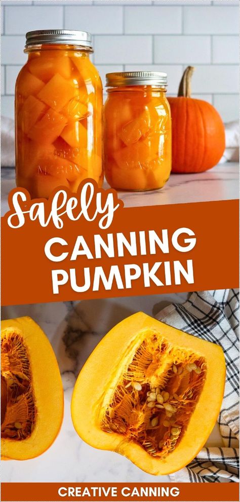 Learn everything about safely canning pumpkin cubes with this pressure canning guide, following the approved method by the National Center for Food Preservation. Preserve your pumpkins without taking up freezer space and enjoy them in pies, soups, and more! Find more winter squash recipes, pumpkin recipes, preserving pumpkins, and Canning Pumpkin Puree at creativecanning.com. Canning Pumpkin Puree, Canning Chicken Soup, Pumpkin Canning, Unique Carrot Cake, Pressure Canning Chicken, Canning Beef Stew, Canning Pumpkin, Canning Squash, Vegetable Canning