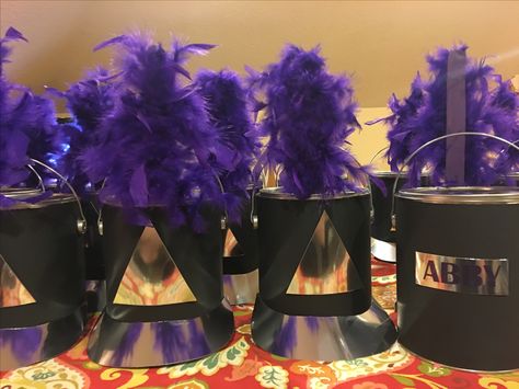 Senior band gifts! Paint buckets copied after their current uniform/shako. Senior Night Gifts Band, Marching Band Gifts Diy, Senior Night Band Gift Ideas, Senior Band Night Ideas, Marching Band Gift Basket, Senior Marching Band Gifts, Senior Band Gift Ideas, Marching Band Gifts Senior, Band Centerpiece Ideas