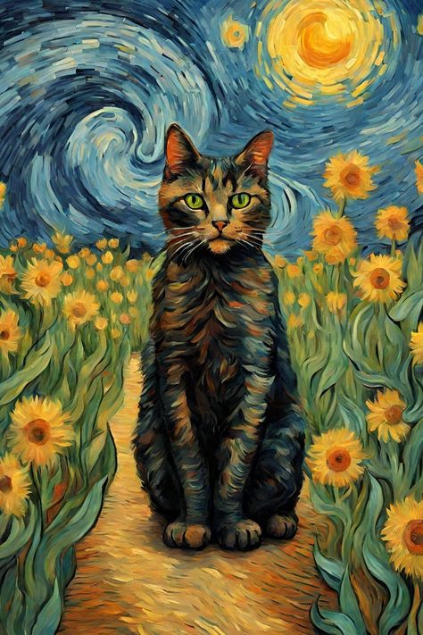 Vincent van Gogh like | Art | Fantasy | Post-Impressionism | Beautiful | Inspiring | Cat | Kitten | Stars | Night | Sunflower | Van Gogh Cat Painting, How To Draw Van Gogh, Van Gogh Inspiration, Vincent Van Gogh Inspired Art, Pinturas Van Gogh, Van Gogh Inspired Paintings, Van Gogh Style Painting, Van Gogh Style Art, Sunflower Van Gogh