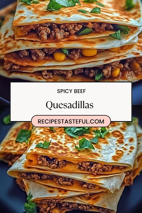 Deliciously cheesy and packed with flavor, these Spicy Beef Quesadillas are perfect for a quick weeknight dinner or a satisfying snack. Easy to make and customizable to your spice preference! Beef Quesadilla Recipes, Quesadilla Recipes Beef, Cheesy Quesadilla, Quesadilla Recipes Easy, Beef Quesadillas, Snack Easy, Guacamole Salsa, Dipping Sauces, Quesadilla Recipes