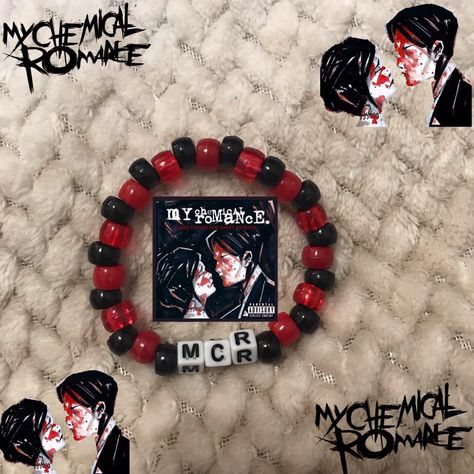 Mcr Bracelet Pattern, Pierce The Veil Kandi Bracelets, Mcr Kandi Bracelets, Xplr Bracelet, Emo Bead Bracelets, Mcr Bracelet Ideas, My Chemical Romance Bracelet, Goth Kandi Bracelets, Band Kandi Bracelets