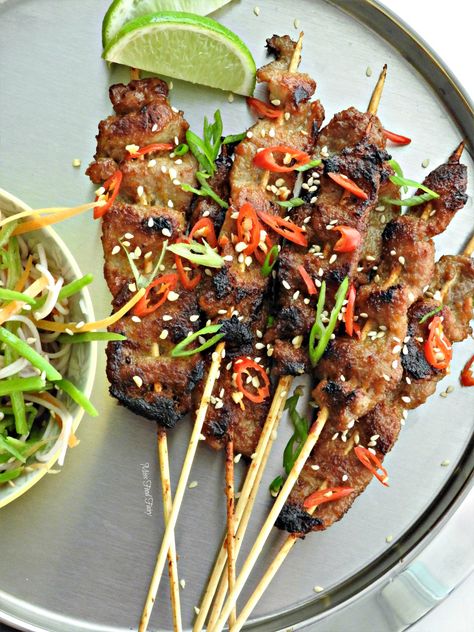 Vietnamese Skewers, Vietnamese Bbq Pork Recipes, Asian Pork Skewers, Thai Beef Satay Skewers, Vietnamese Pork Tenderloin, Asian Meat Skewers, Vietnamese Pork Skewers, Vietnamese Grilled Pork, Vietnamese Pork