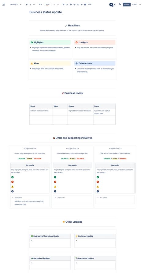 Business status update template | Atlassian Status Update Template, Work Status, Business Status, Status Update, Customer Insight, Project Management Tools, Training And Development, About Business, Business Analyst