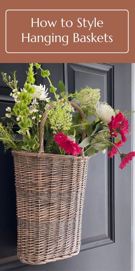 Hanging Basket Decor Ideas, Outdoor Basket Ideas, Front Door Hanging Basket Ideas, Basket For Front Door Decorating Ideas, Wall Hanging Baskets Decor, Front Door Hanging Plants, Wall Wicker Basket Decor, Hanging Baskets Front Door, Front Door Basket Ideas