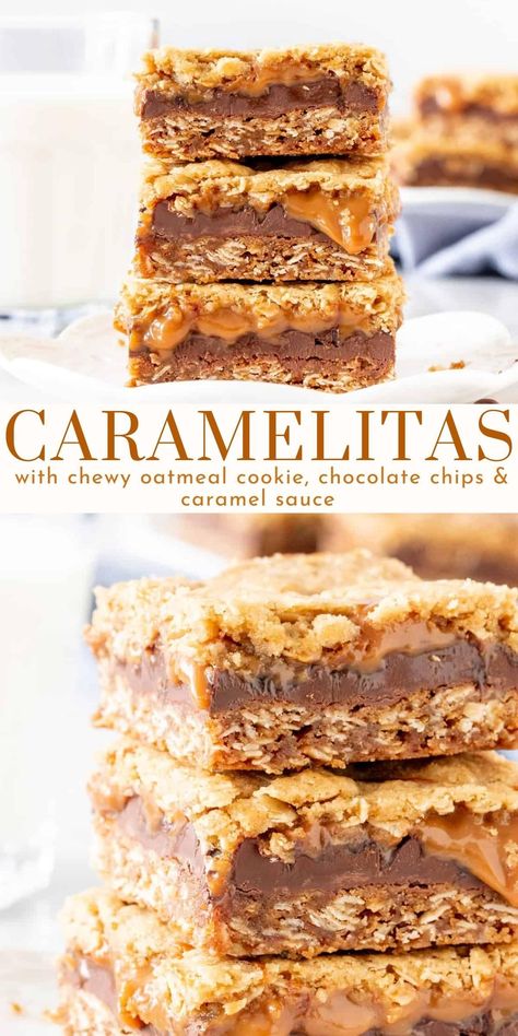 Carmel Desserts, Carmelitas Recipe, Chewy Oatmeal Cookie, Cookie Squares, Oatmeal Cookie Dough, Caramel Oatmeal, Desert Bars, Bar Treats, Bars Dessert