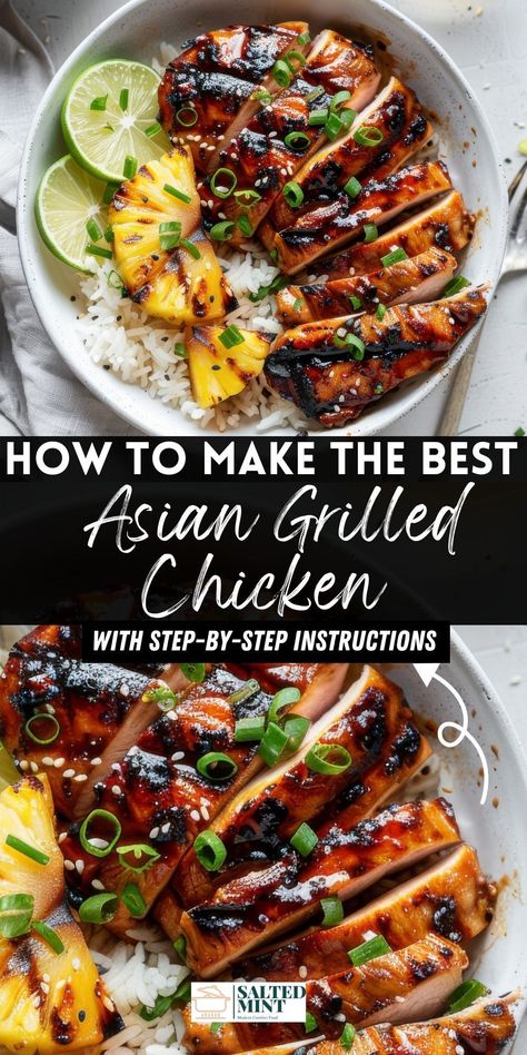 Make dinner simple with this marinated grilled Asian chicken. Tender chicken breasts in a savory marinade, grilled to perfection. A family favorite for easy meals. Sesame Ginger Chicken Marinade, Marinated Chicken And Rice, Asian Flavored Chicken, Meal Prep With Grilled Chicken, Healthy Chicken Recipes Grilled, Grilling Marinades Chicken, Grilled Mango Chicken, Best Asian Chicken Marinade, Bbq Thai Chicken