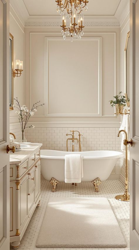 Neutral Bathroom Decor Bathroom Design Classic Modern, Bathroom Remodel White And Gold, Beige Bathroom With Gold Fixtures, French Bathroom Aesthetic, Simple Elegant Bathroom Design, Bathroom Ideas White And Gold, Beige And Gold Bathroom, Modern French Bathroom, European Bathroom Ideas