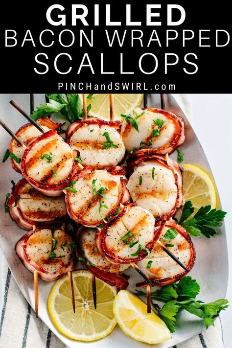 Scallop Recipes Grilled, Scallops On The Grill, Scallop Kabobs On The Grill, Grilled Scallop Recipes, Scallops Grilled, Bbq Scallops Recipes, Grill Scallops, Scallop Wrapped In Bacon, Bacon Wrapped Scallops Grilled