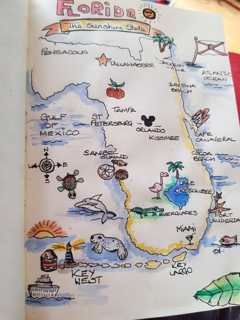 A little painted map of Florida Florida Scrapbook Ideas, Florida Drawing Ideas, Florida Doodles, Florida Crafts, Painted Map, Organized Notes, Photobook Ideas, Lake Worth Florida, Florida Tattoos