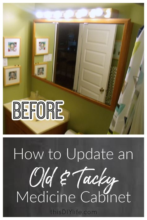 Builder basic to beautiful: our medicine cabinet makeover DIY. We took an old dated medicine cabinet and added classic modern elements to make it fresh and attractive. Here is how to update a medicine cabinet without replacing it! Medicine Cabinet Redo, Large Medicine Cabinet, Bathroom Medicine Cabinet Mirror, Medicine Cabinet Makeover, Vogue Decor, Old Medicine Cabinets, Bathroom Cabinet Makeover, Cabinet Makeover Diy, Wood Medicine Cabinets