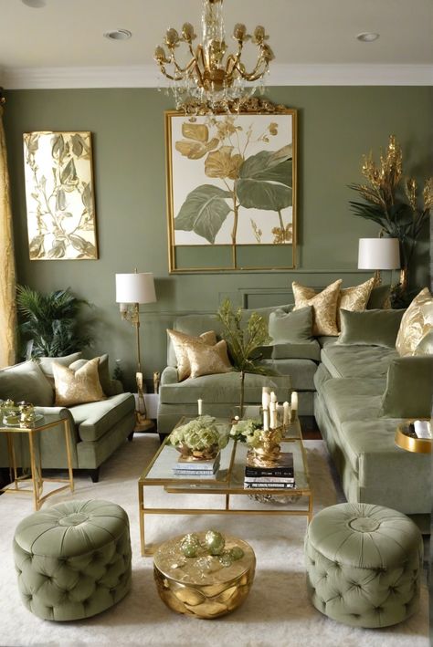 What is the Majesty of Sage Green and Gold Living Room Extravaganza? Behold the Magic [2024] #Ad #homedecor #homedesign #fixhome #Painthome #interiorarchitecture Olive Green And Gold Living Room, Green And Cream Living Room Ideas, Green And Gold Lounge Ideas, Green And Rose Gold Living Room, Sage Green And Gold Home Decor, Gold And Sage Green Aesthetic, Green Gold Tan Living Room, Green And Gold Living Room Ideas, Green And Brass Living Room