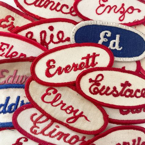 "I recently came across a huge lot of these wonderful vintage embroidered sew-on uniform name patches from a defunct old uniform supply shop. These patches have all been used, but are still in very good vintage condition.  I've listed a few \"E\" names here, but I have other names available. These are typical of the kind of old-fashioned names that I have in this bunch. If you don't see the name you want, or the one you want is sold out, feel free to message me and I'll see if I can fill your re Vintage Logos Aesthetic, Accessories Vintage, Vintage Uniform, Shop Name, Vintage Brands, Vintage Women, Vintage Shopping, Work Shirt, Vintage Store Branding