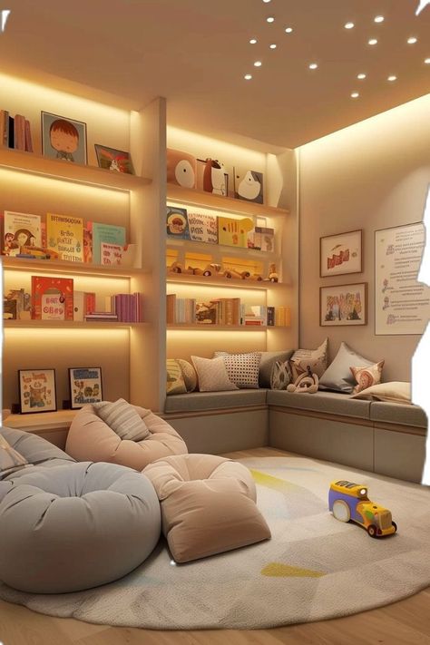 Grown Up Playroom Ideas, Playroom With Bookshelves, Children’s Playroom Idea, Playroom Office Ideas, Basement Family Room Playroom, Grown Up Playroom, Interior Design Playroom, Playroom Age 5-8, Modern Playroom Design