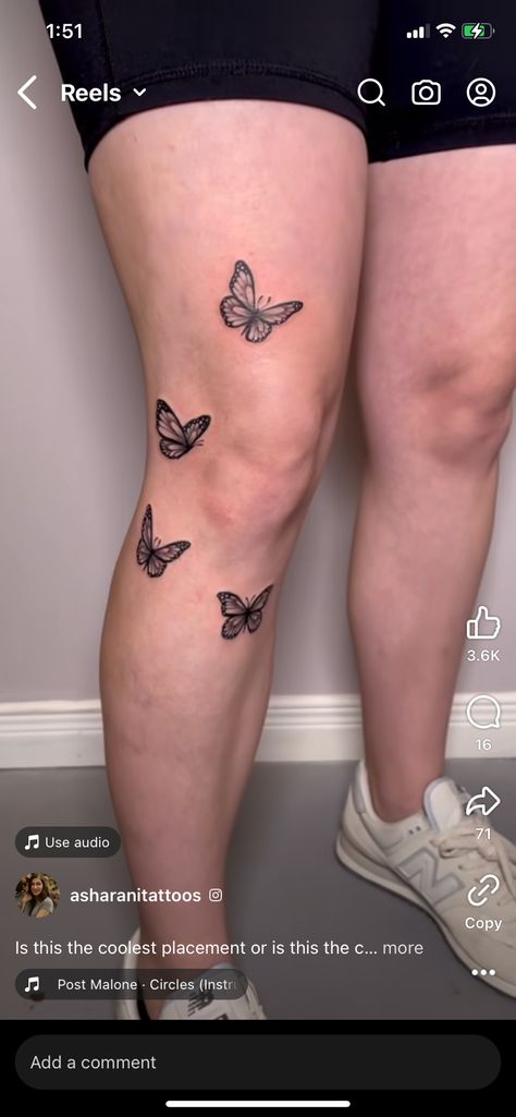 Butterfly Under Knee Tattoo, Knee Butterfly Tattoo, Butterfly Knee Tattoo, Trinity Tattoo, Knee Tattoo, Tattoo Inspo, Beautiful Tattoos, Butterfly Tattoo, Tattoos And Piercings