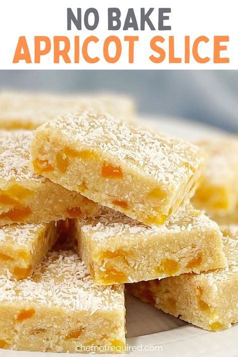 This apricot slice takes me back to my childhood! It's a super quick and easy no bake slice made using sweetened condensed milk, and it's packed with yummy dried apricots and coconut. Perfect for an afternoon treat or a school lunch box snack, the whole family will love this easy recipe. Even the big kids! No Bake Slice, Dried Apricot Recipes, Apricot Slice, No Bake Slices, Easy Slice, Apricot Recipes, Coconut Slice, Box Snack, Afternoon Tea Recipes