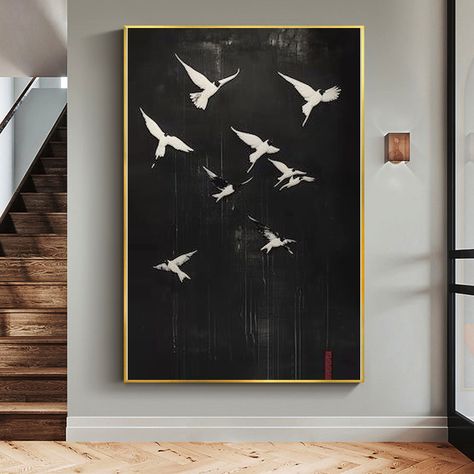 Large Abstract Swallow Oil Painting on Canvas, Custom Black Wall Art, Original Flying Bird Painting, Concise Decor, Living Room Home Decor ►ABOUT THE PAINTING. ＊Original handmade oil painting, frameless/unstretched. ＊Size: This picture has many sizes, please check the drop-down menu to find the standard size. The size can also be customized according to your needs. ＊Style: original, abstract ＊Packing: Transported in a solid tube roll. ＊Express shipping 3-5 days worldwide ＊30 Days full money refu Swallow Painting, Birds Flying Painting, Birds Framed Art, Flying Bird Art Painting, Mint Artwork, Golden Birds Wall Art, Flying Birds Metal Wall Art, Art Deco Interior Design, Black Wall Art