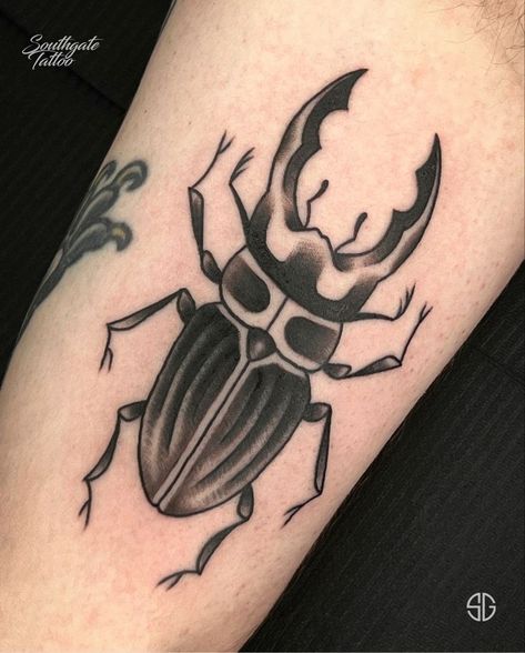 Trad Beetle Tattoo, Traditional Style Bug Tattoo, American Traditional Beetle Tattoo, Black Beetle Tattoo, Horned Beetle Tattoo, American Traditional Beetle, Beetle Tattoo Meaning, Traditional Beetle Tattoo, Traditional Bug Tattoo