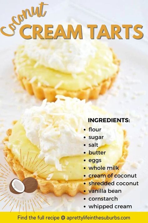 Coconut Cream Tart Recipe, Coconut Cream Tarts, Simple Tart Recipe, Coconut Cream Tart, Coconut Tarts Recipe, Mini Custard Tarts, Easy Mini Tarts, Midwest Food, Coconut Tart Recipe