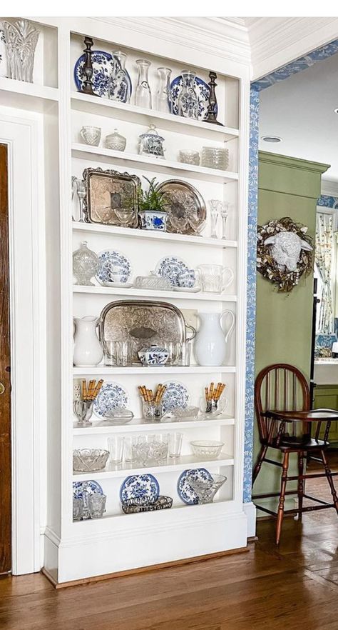 Kitchen Display Shelves Ideas, How To Display China On Shelves, Wall Dish Rack Ideas, Fine China Wall Display, Display China On Shelves, China Shelf Display, Upper Cabinet China Display, Displaying China On Shelves, Shallow Display Cabinet