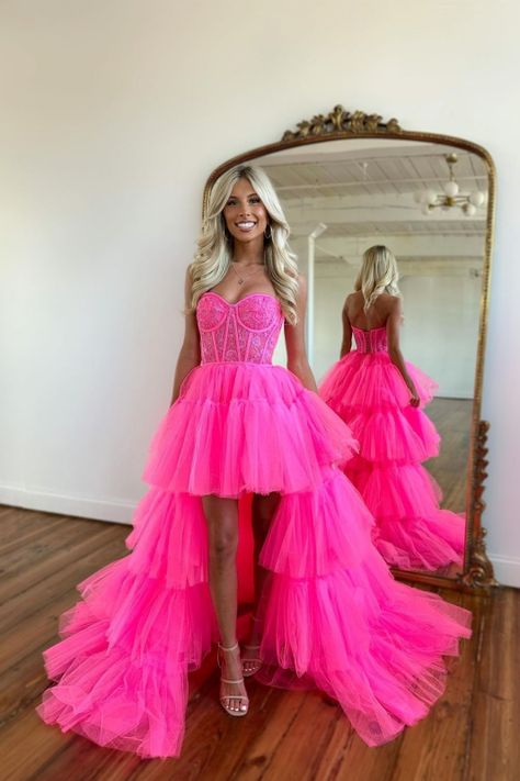 We could custom made 70+ colors & all sizes, if you do not not find the color name listed, pls leave message on special instructions to note the exact color you need. Also custom size is available, if you need your dress customized, pls leave your bust, waist, hips & barefoot height size in the order remark. Th Hot Pink Prom Dresses, Rose Prom Dress, High Low Ball Gown, Tiered Prom Dress, Tulle Train, Cute Homecoming Dresses, High Low Prom Dresses, Corset Dress Prom, Pink Prom Dress