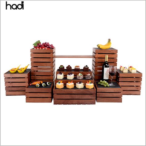 Saudi Arabic Catering Material Wooden Combined Food Stand And Risers,Modern Dessert Buffet Display Racks For Sale - Buy Dessert Buffet Display Racks,Wooden Food Stand,Wood Risers Product on Alibaba.com Wooden Dessert Stand, Buffet Set Up Ideas, Food Display Ideas, Breakfast Display, Buffet Equipment, Food Risers, Wood Risers, Food Display Stands, Buffet Set Up