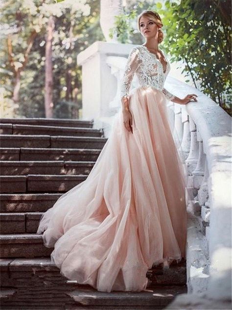 Ball Gown V-neck Court Train Long Sleeves Applique Tulle Wedding Dresses - Wedding Dresses 2019 - Wedding Dresses - Hebeos Online Wedding Lace Sleeves, Lace Bodice Wedding Dress, Couture Dior, Bodice Wedding Dress, Sweep Train Wedding Dress, Lace Applique Wedding Dress, Cheap Wedding Dresses Online, Aline Wedding Dress, Pink Wedding Dresses