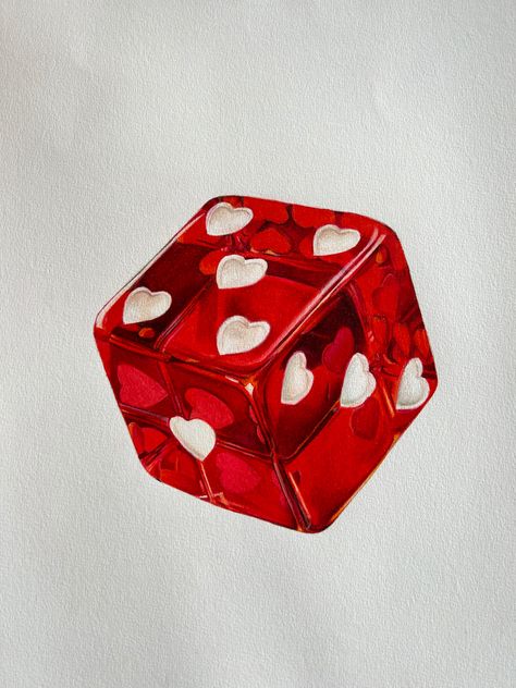 Coloured pencil drawing of a red dice with heart dots, hyperrealism photorealistic art Drawing With Red Pencil, Things That Are Red, Dice With Hearts, Heart Drawing Aesthetic, Red Drawing Ideas, Red Mood Board, Photorealistic Art, Heart Pop Art, Dice Aesthetic