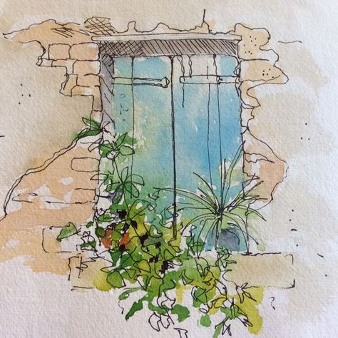 Window Watercolor Painting Easy, Line Watercolor Art, Line And Wash Art, Watercolor Line Drawing, Easy Watercolor Sketches, Line Drawing Watercolor, Watercolor Line And Wash, Watercolor And Pen Art Illustrations, Urban Sketching Beginner Easy