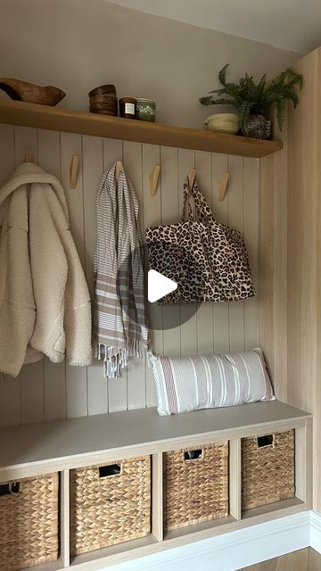 Kerry Kellett on Instagram: "When the heart says bespoke but the budget says Ikea

Here’s the first in a series of how we have used @ikeauk hacks in our home to save money when renovating & proof that ikea can look 👌🏼 

To create our bootroom storage space we used the following:

1x Kallax unit in white washed oak £45

Rattan storage boxes £15 each
(Cheaper alternatives available)

Wooden coat hooks £9.99 from @amazonuk 

Mdf for panelling from @bandq_uk £20

Oak shelf from @thecraftycoupleltd £130
(You could used a lack shelf from @ikeauk as a cheaper alternative)

Painted in @kalklitir noce & ecru mix

#ikea #ikeahack #ikeahome #ikeahacks #ikeahackers #bootroom #bootroomideas #shoestore #shoestorage #homeinterior #homediyproject #homerenovations #diyhomedecor #utility #utilityroom #uti Kallax Boot Room, Ikea Bootroom Hack, Kallax Boot Room Hack, Ikea Kallax Hallway Ideas, Ikea Hall Tree, Bootroom Storage, Kallax Hallway, Entrance Storage Ideas, Kallax Entryway