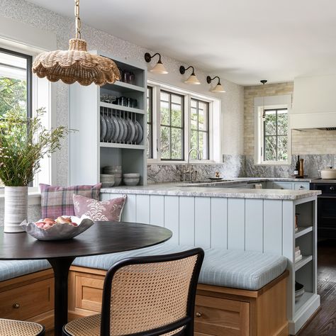 When planning the layout with the client on this kitchen renovation, we quickly realized that a peninsula made more sense for the space than an island, and allowed us to create this cozy breakfast nook, centered across from an existing fireplace. 📷: @ianmichelman Kitchen Peninsula Breakfast Nook, Built In Bench Kitchen Peninsula, Kitchen Peninsula Banquette, Peninsula With Banquette Seating, U Kitchen Layout With Peninsula, Open Concept Kitchen With Breakfast Nook, 1 Wall Kitchen With Island Layout, Breakfast Nook Peninsula, Couch Against Kitchen Island