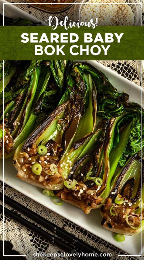 This seared bok choy recipe includes a crunchy, sweet, sesame-ginger, garlic-soy sauce to drizzle on top! The seared bok choy is delicious enough on its own, but with that special sauce, it’s over the top! A perfect side dish that takes less than 30 minutes to make! Boo Choy Recipes, Boo Choy, Book Choy, Pok Choi, Choy Recipes, Asian Greens, Party Side Dishes, Asian Vegetables, Sesame Ginger