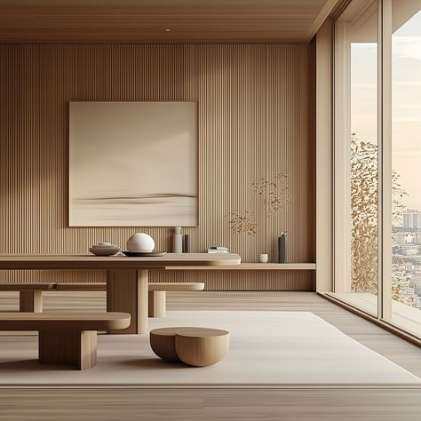 “The quiet, understated decor of Japandi invites a reflective, mindful way of living.” The Japandi style, a harmonious fusion of Japanese minimalism and Scandinavian functionality. The space is characterised by its clean lines, natural materials, and a neutral colour palette that balances warmth and simplicity. Light wood tones dominate the environment, providing a sense of calm and serenity, while the minimalist approach ensures an uncluttered, airy feel. The furniture features sleek, low-p... Japanese Interior Design Minimalist, Modern Lobby, Estilo Japandi, Japandi Minimalist, Interior Design Minimalist, Japandi Living, Japanese Minimalism, Japanese Interior Design, Japandi Style