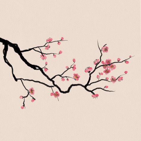 Korean Tree Drawing, Japanese Cherry Blossom Sketch, Cherry Blossom Doodle Simple, Sakura Branch Drawing, Japan Watercolor Painting Easy, Sakura Tree Illustration, Chinese Tree Painting, Japanese Cherry Blossom Tree Drawing, Sakura Flowers Drawing