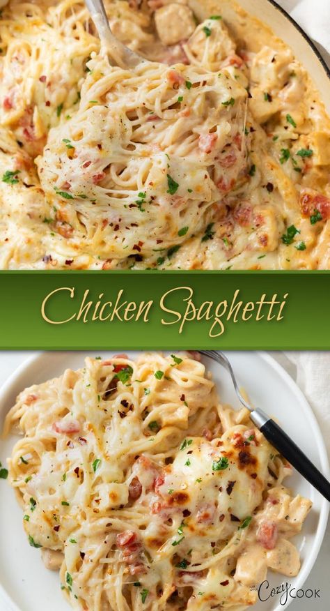 chicken spaghetti in a skillet Cheddar Chicken Spaghetti, Cozy Cook Chicken Spaghetti, Bake Chicken Spaghetti Recipe, Chicken Meatball Spaghetti, Spaghetti With Rotini Noodles, Chicken Parm Noodles, Mexican Chicken Spaghetti Casserole, Cheese Chicken Spaghetti Bake, Easy Dinner With Spaghetti Noodles