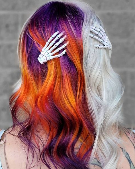 *Formula* 👉 *@gofrostyourself_cc via Instagram* created this spooky look by using #BLONDME to create the perfect base for vibrant colour; with BLONDME Bond Enforcing Premium Lightener 9+ with BLONDME Premium Oil Developer 6% | 20 Vol. The colourful side can be recreated with our Chroma ID products! 🌈 #ChromaID #halloweenhair #haircolor #haircolour #haircolourists #hairgoals #longhair #hairaccessories #sharingiscaring #schwarzkopfpro #schwarzkopfprofessional #apassionforhair #hair #halloween Halloween Hair Color Ideas For Blondes, Halloween Haircolor, Spooky Hair Color, Halloween Hair Dye, Halloween Hair Color Ideas, Halloween Hair Color, Hair For Halloween, Spooky Hair, Halloween Hairstyles